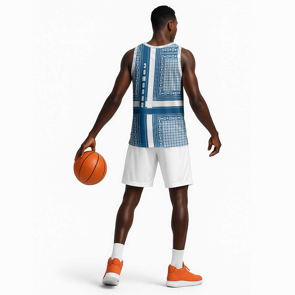 Comoros Basketball Jersey - Blue and White Traditional Geometric Pattern and National Flag Detail - African Pride