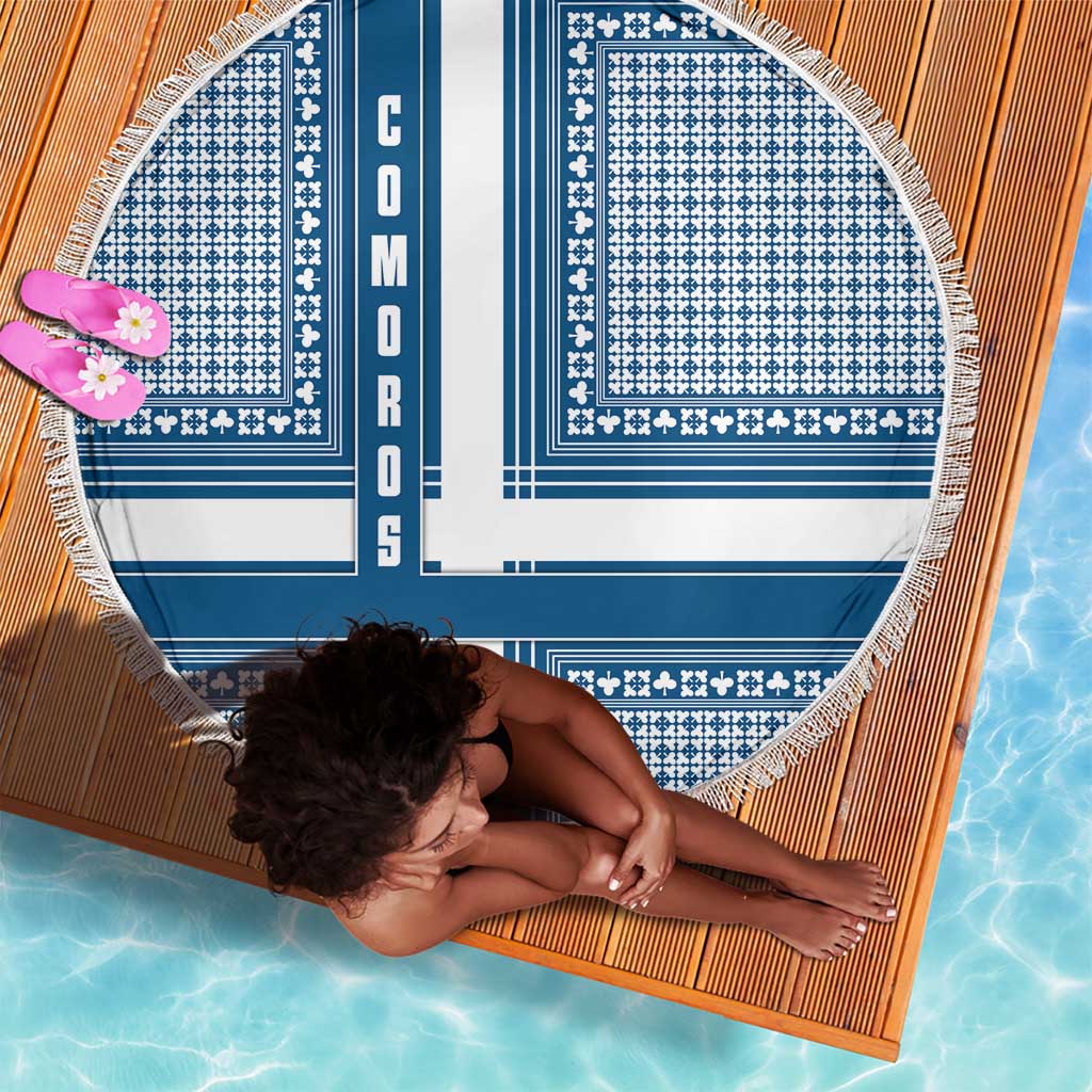 Comoros Beach Blanket - Blue and White Traditional Geometric Pattern and National Flag Detail