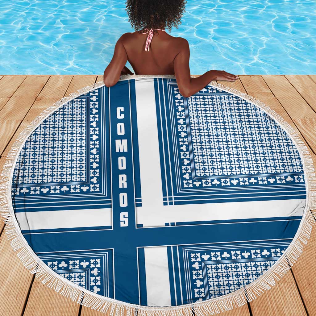 Comoros Beach Blanket - Blue and White Traditional Geometric Pattern and National Flag Detail