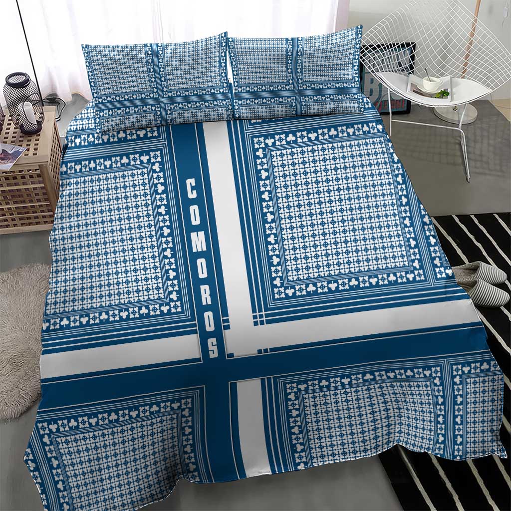 Comoros Bedding Set - Blue and White Traditional Geometric Pattern and National Flag Detail
