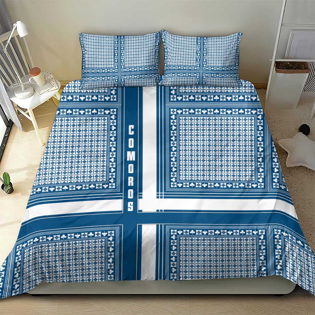 Comoros Bedding Set - Blue and White Traditional Geometric Pattern and National Flag Detail