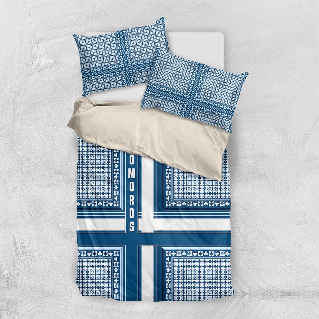 Comoros Bedding Set - Blue and White Traditional Geometric Pattern and National Flag Detail