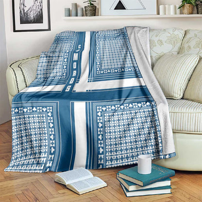Comoros Blanket - Blue and White Traditional Geometric Pattern and National Flag Detail