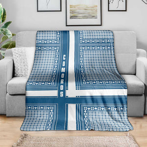 Comoros Blanket - Blue and White Traditional Geometric Pattern and National Flag Detail