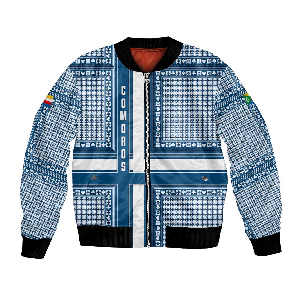 Comoros Bomber Jacket - Blue and White Traditional Geometric Pattern and National Flag Detail