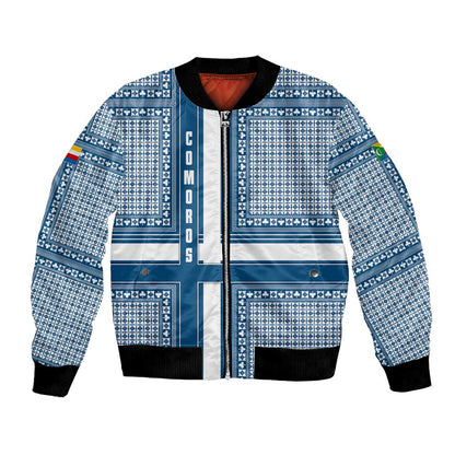 Comoros Bomber Jacket - Blue and White Traditional Geometric Pattern and National Flag Detail