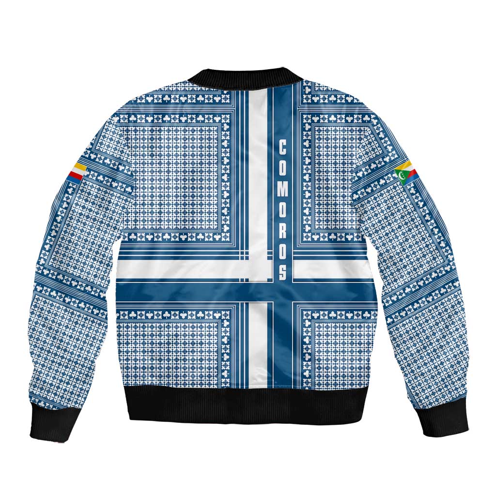 Comoros Bomber Jacket - Blue and White Traditional Geometric Pattern and National Flag Detail