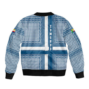 Comoros Bomber Jacket - Blue and White Traditional Geometric Pattern and National Flag Detail