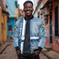 Comoros Bomber Jacket - Blue and White Traditional Geometric Pattern and National Flag Detail