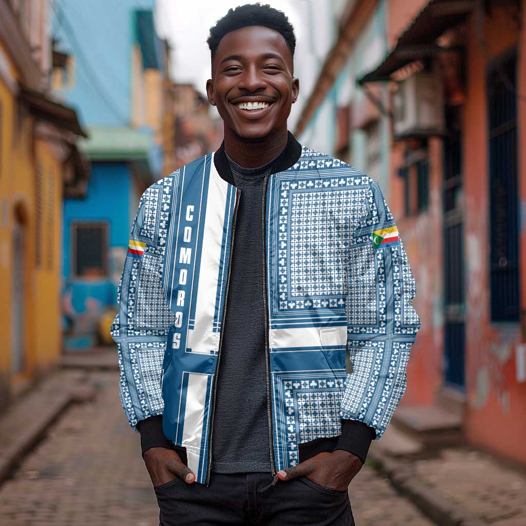 Comoros Bomber Jacket - Blue and White Traditional Geometric Pattern and National Flag Detail