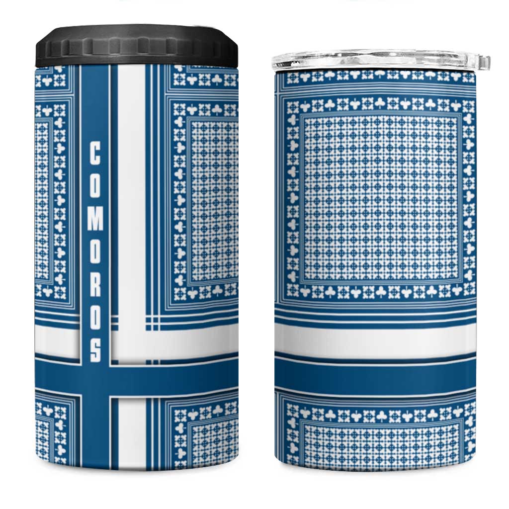 Comoros 4 in 1 Can Cooler Tumbler - Blue and White Traditional Geometric Pattern and National Flag Detail