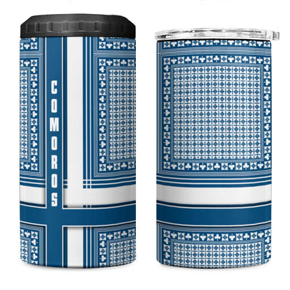 Comoros 4 in 1 Can Cooler Tumbler - Blue and White Traditional Geometric Pattern and National Flag Detail