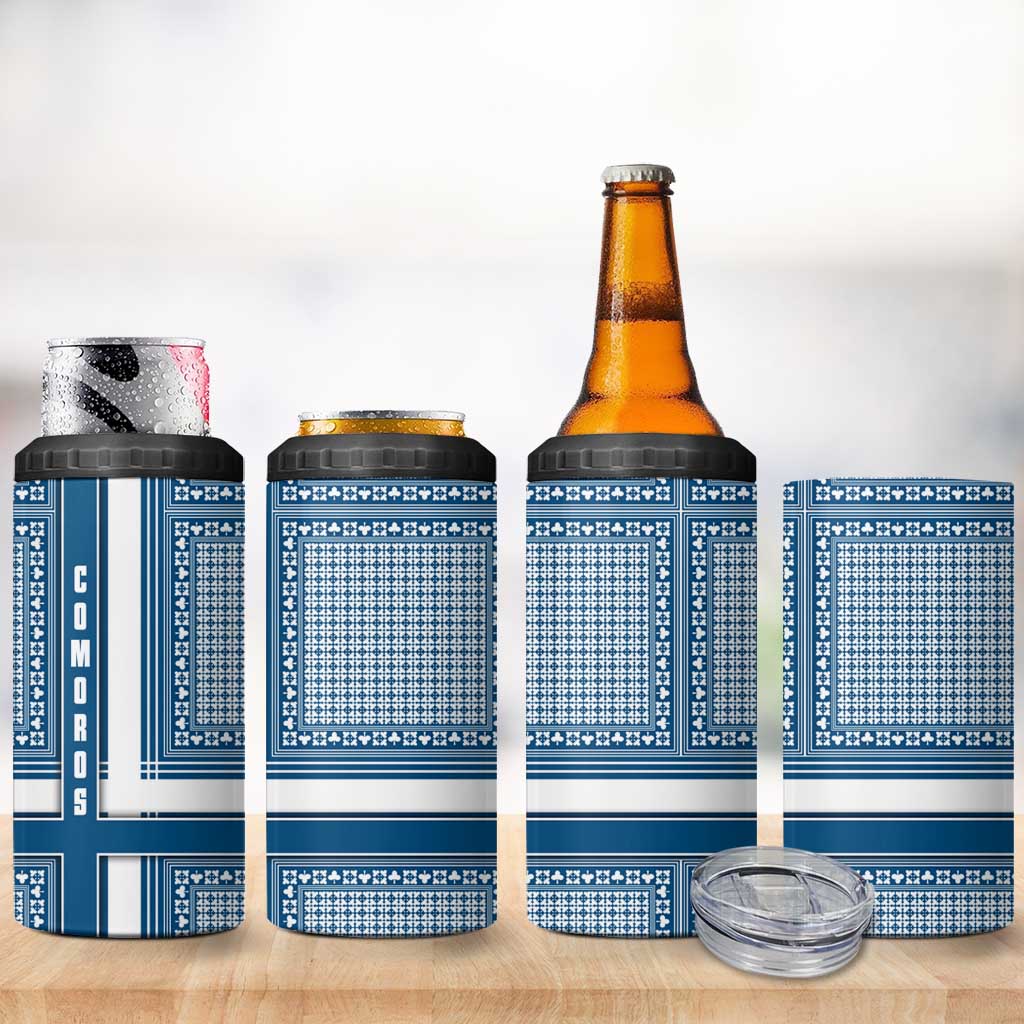 Comoros 4 in 1 Can Cooler Tumbler - Blue and White Traditional Geometric Pattern and National Flag Detail