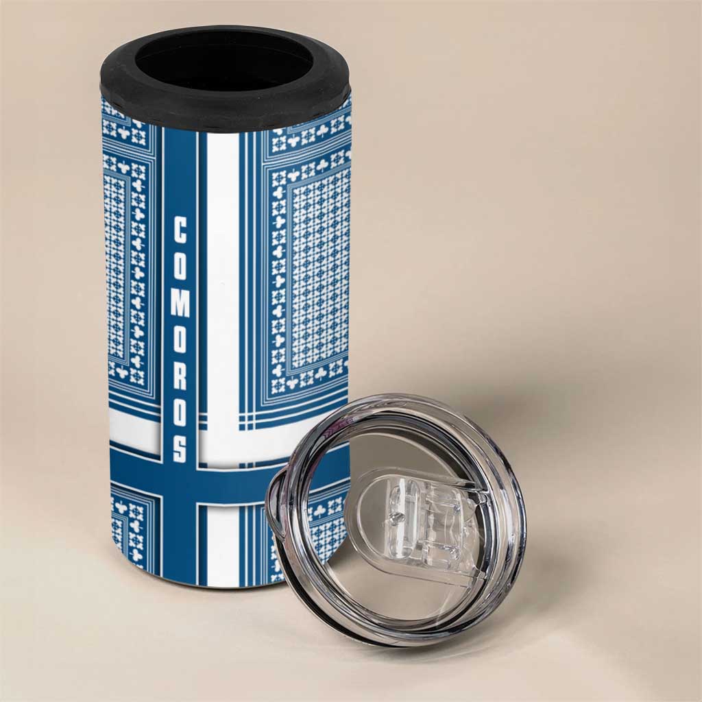 Comoros 4 in 1 Can Cooler Tumbler - Blue and White Traditional Geometric Pattern and National Flag Detail