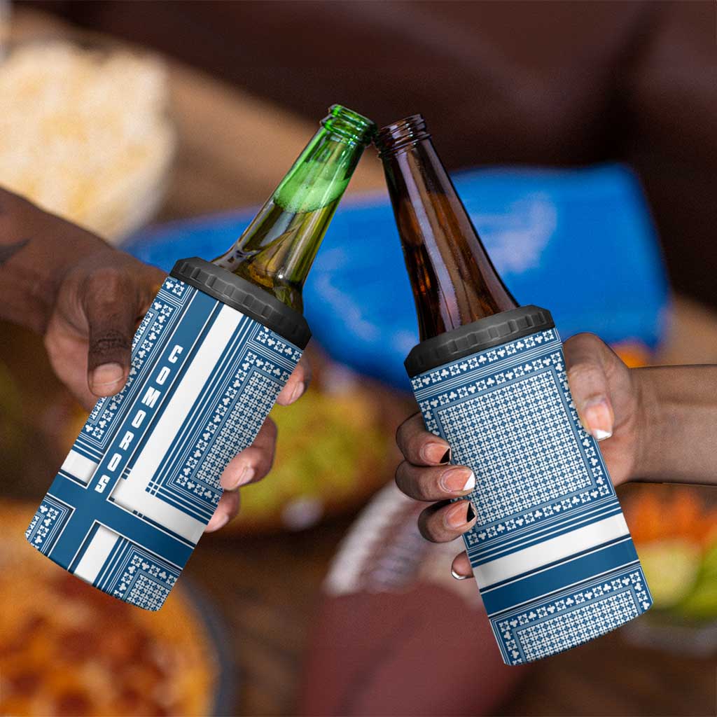 Comoros 4 in 1 Can Cooler Tumbler - Blue and White Traditional Geometric Pattern and National Flag Detail