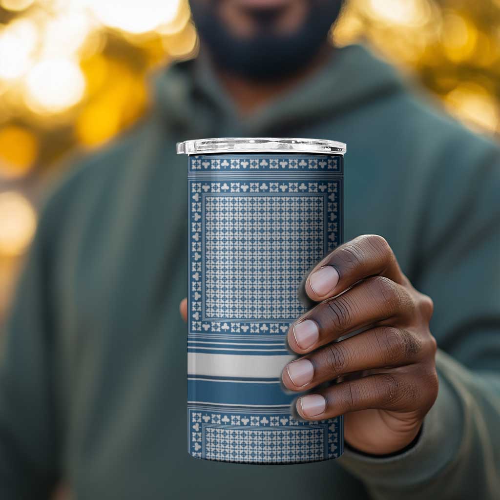 Comoros 4 in 1 Can Cooler Tumbler - Blue and White Traditional Geometric Pattern and National Flag Detail