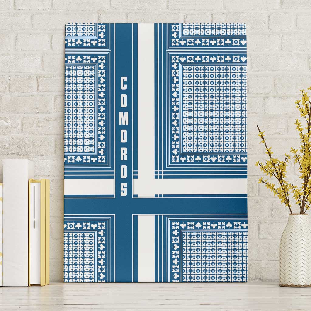Comoros Canvas Wall Art - Blue and White Traditional Geometric Pattern and National Flag Detail