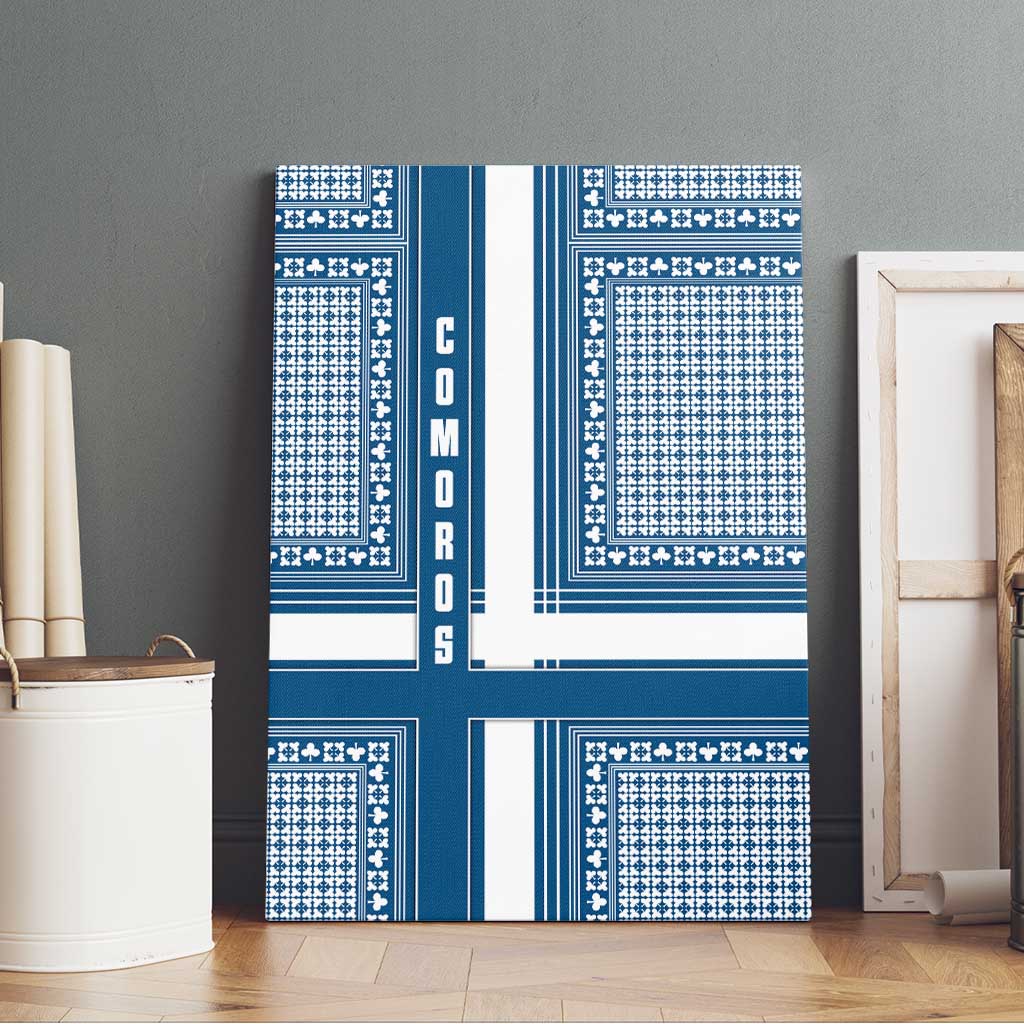 Comoros Canvas Wall Art - Blue and White Traditional Geometric Pattern and National Flag Detail