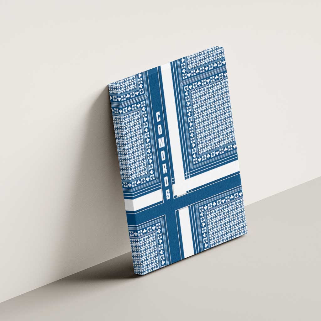 Comoros Canvas Wall Art - Blue and White Traditional Geometric Pattern and National Flag Detail