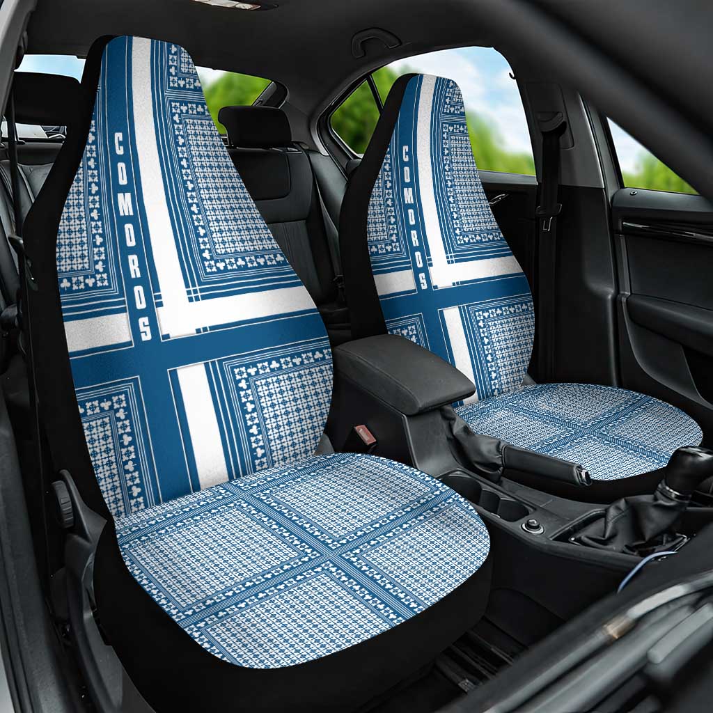 Comoros Car Seat Cover - Blue and White Traditional Geometric Pattern and National Flag Detail