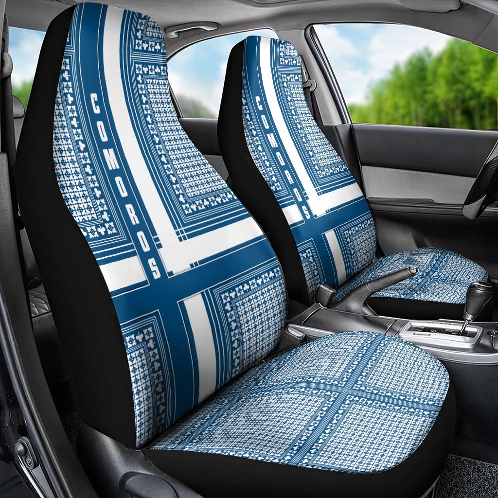 Comoros Car Seat Cover - Blue and White Traditional Geometric Pattern and National Flag Detail