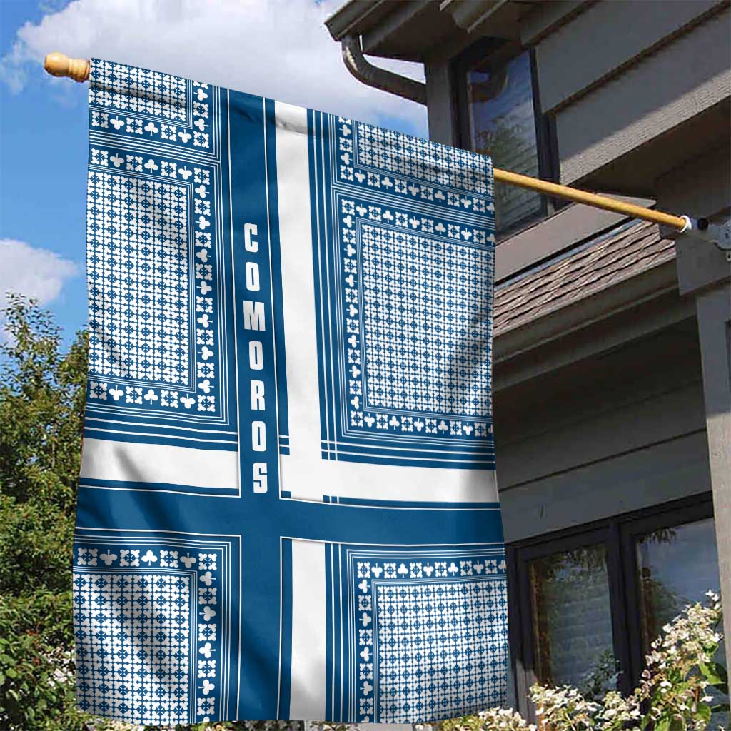 Comoros Garden Flag - Blue and White Traditional Geometric Pattern and National Flag Detail