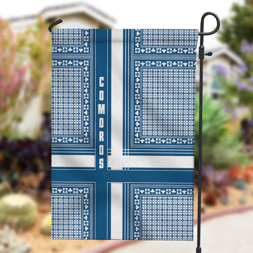 Comoros Garden Flag - Blue and White Traditional Geometric Pattern and National Flag Detail