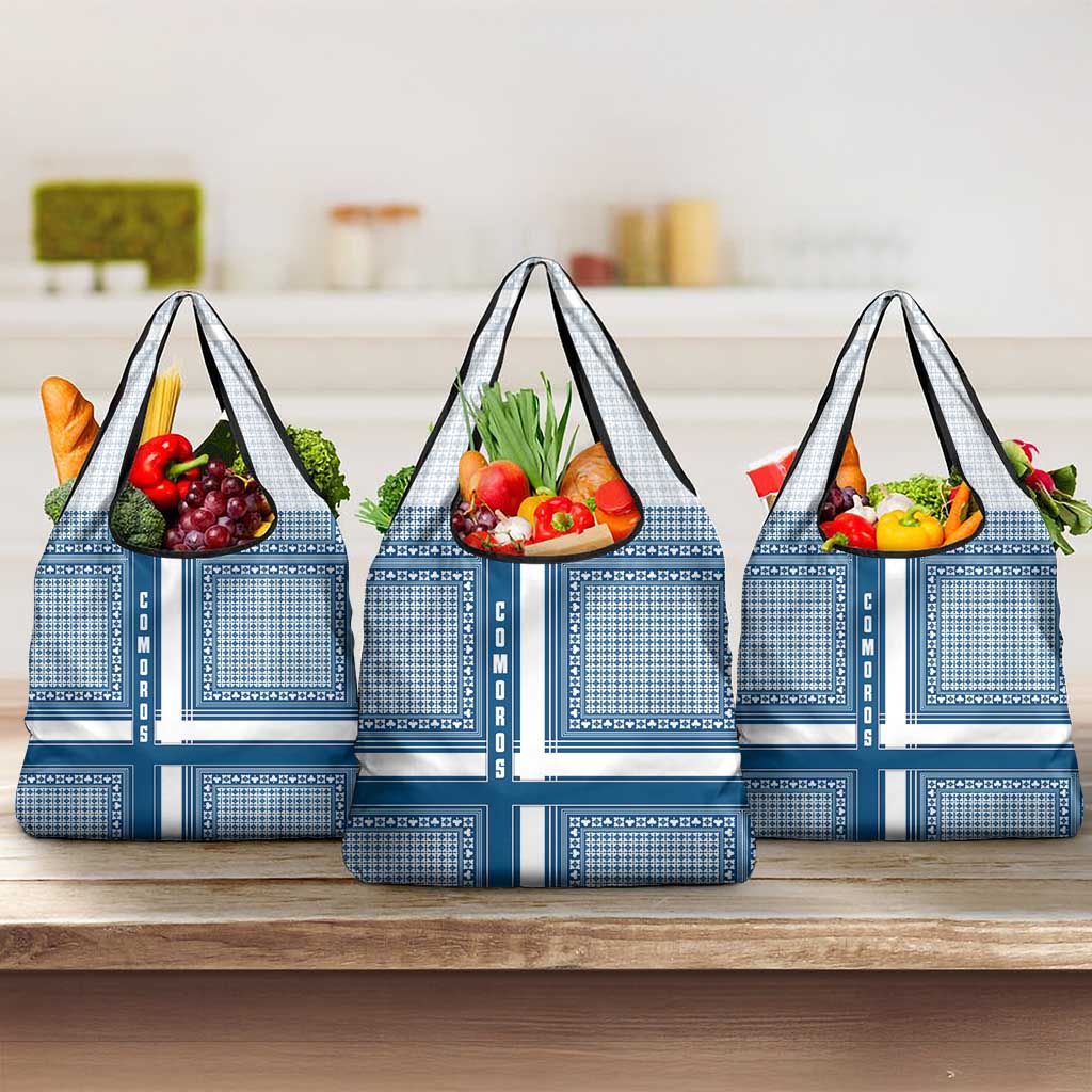 Comoros Grocery Bag - Blue and White Traditional Geometric Pattern and National Flag Detail
