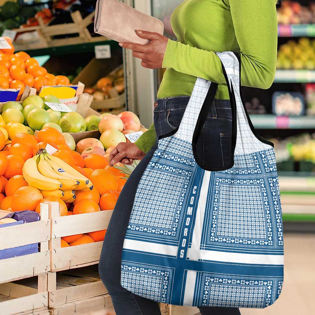 Comoros Grocery Bag - Blue and White Traditional Geometric Pattern and National Flag Detail