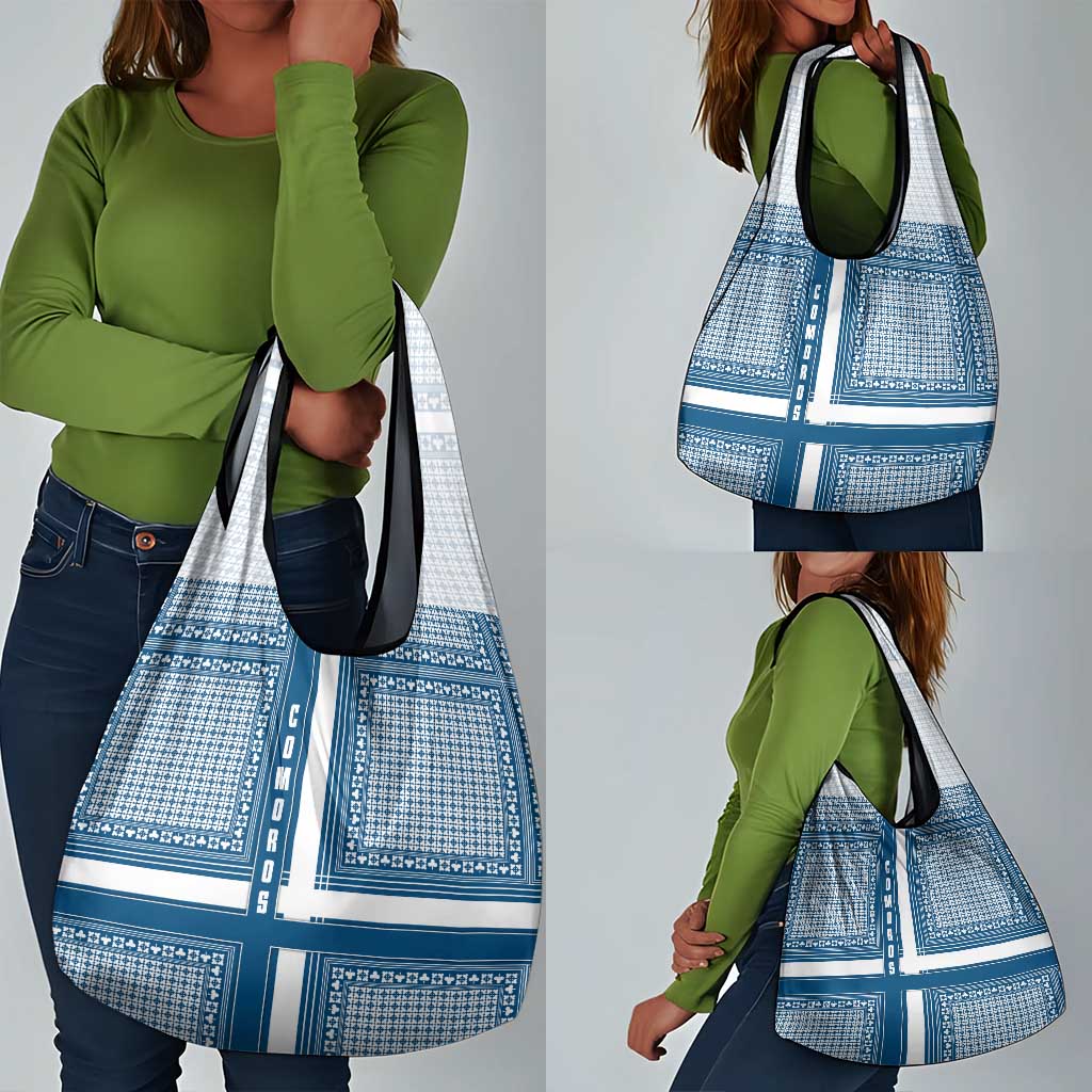 Comoros Grocery Bag - Blue and White Traditional Geometric Pattern and National Flag Detail