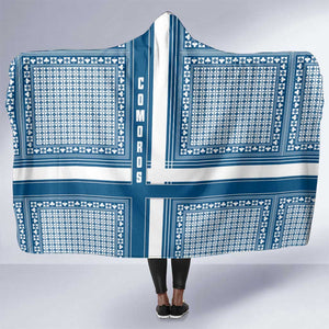 Comoros Hooded Blanket - Blue and White Traditional Geometric Pattern and National Flag Detail