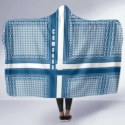 Comoros Hooded Blanket - Blue and White Traditional Geometric Pattern and National Flag Detail