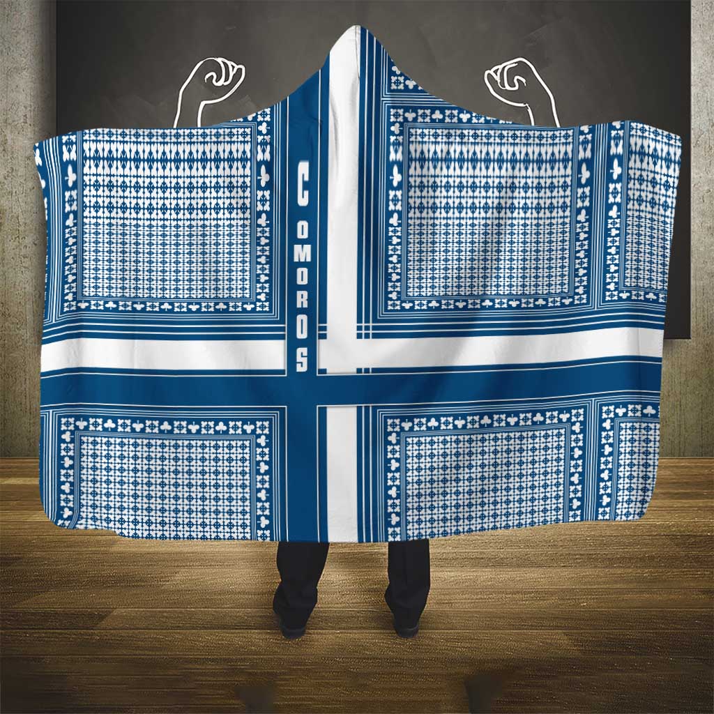 Comoros Hooded Blanket - Blue and White Traditional Geometric Pattern and National Flag Detail