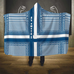 Comoros Hooded Blanket - Blue and White Traditional Geometric Pattern and National Flag Detail