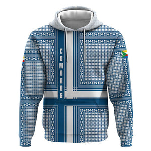 Comoros Hoodie - Blue and White Traditional Geometric Pattern and National Flag Detail