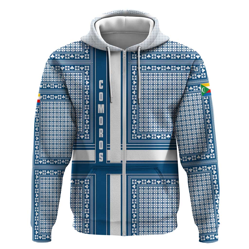 Comoros Hoodie - Blue and White Traditional Geometric Pattern and National Flag Detail