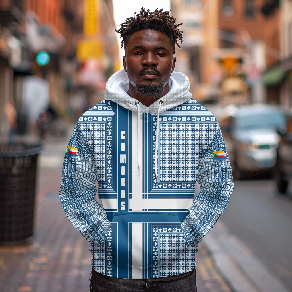 Comoros Hoodie - Blue and White Traditional Geometric Pattern and National Flag Detail