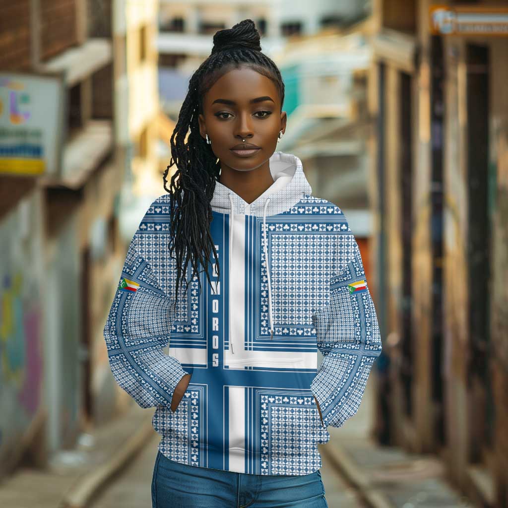 Comoros Hoodie - Blue and White Traditional Geometric Pattern and National Flag Detail