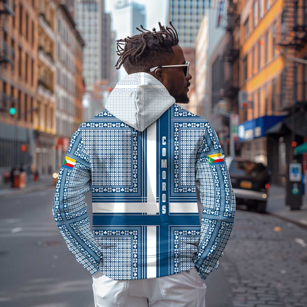 Comoros Hoodie - Blue and White Traditional Geometric Pattern and National Flag Detail