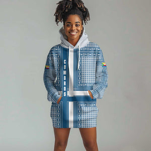 Comoros Hoodie Dress - Blue and White Traditional Geometric Pattern and National Flag Detail