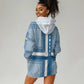 Comoros Hoodie Dress - Blue and White Traditional Geometric Pattern and National Flag Detail