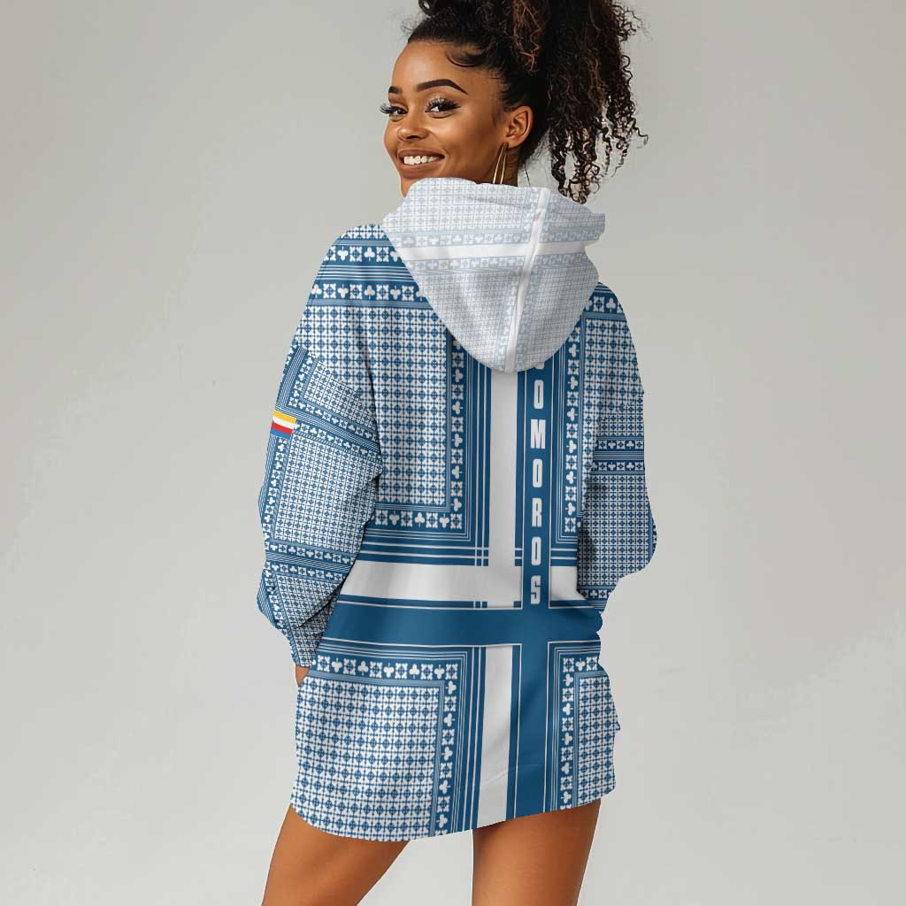 Comoros Hoodie Dress - Blue and White Traditional Geometric Pattern and National Flag Detail