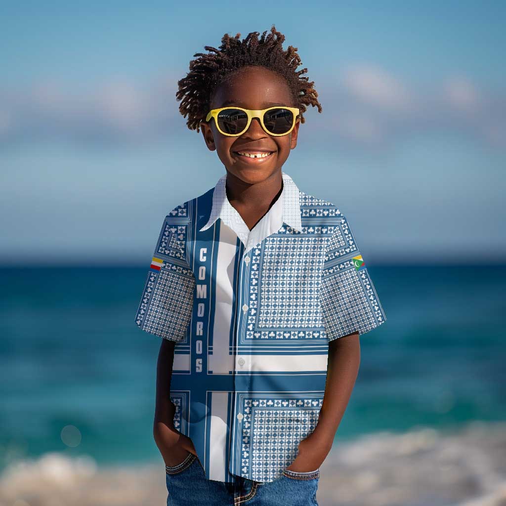 Comoros Kid Hawaiian Shirt - Blue and White Traditional Geometric Pattern and National Flag Detail
