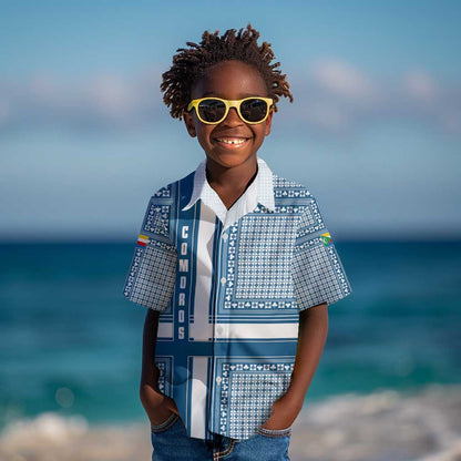 Comoros Kid Hawaiian Shirt - Blue and White Traditional Geometric Pattern and National Flag Detail