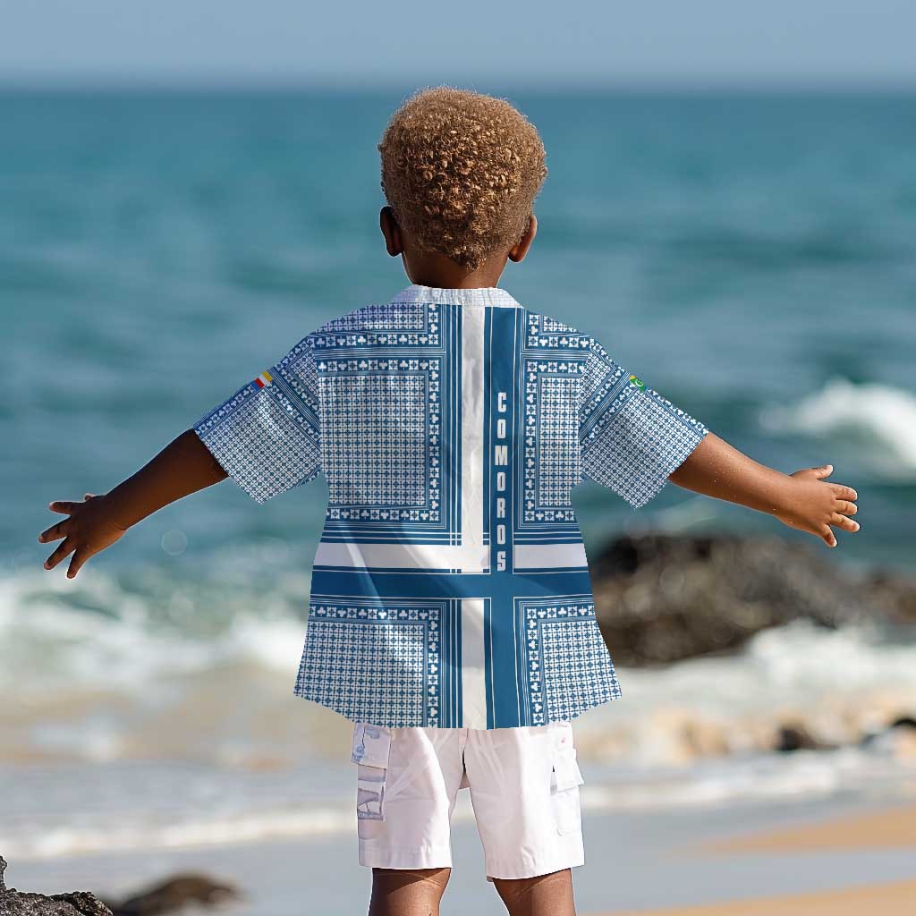 Comoros Kid Hawaiian Shirt - Blue and White Traditional Geometric Pattern and National Flag Detail