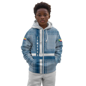 Comoros Kid Hoodie - Blue and White Traditional Geometric Pattern and National Flag Detail