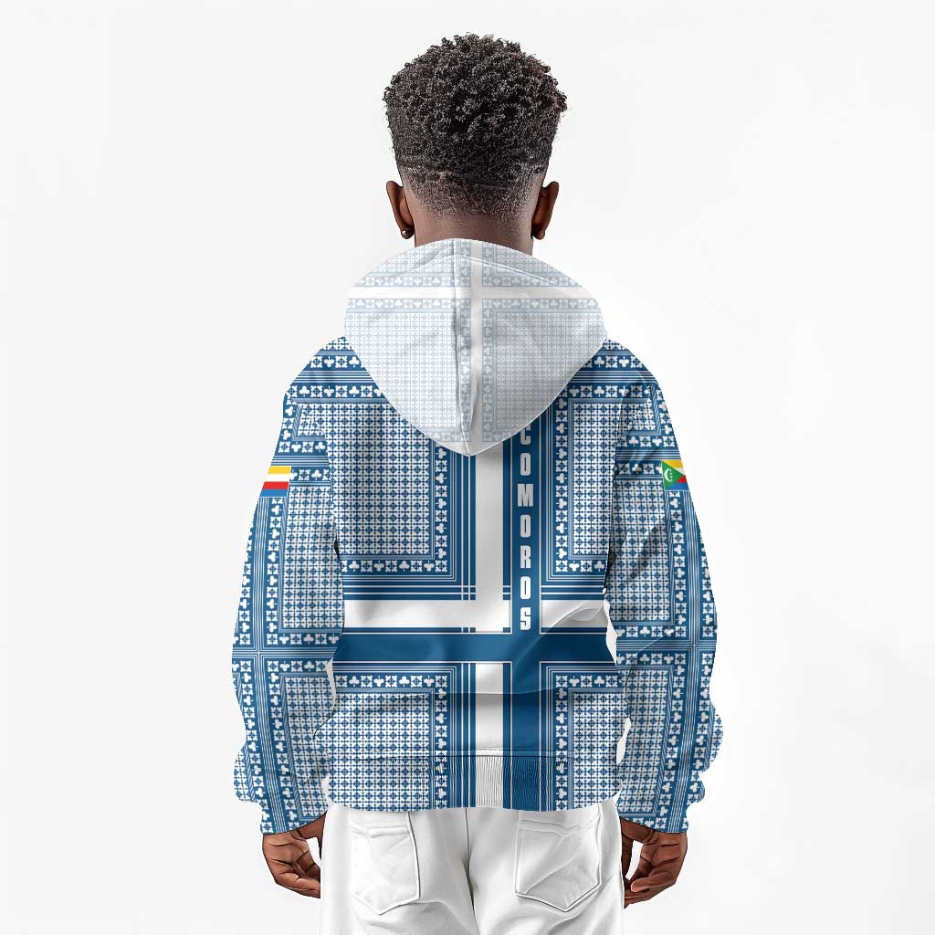 Comoros Kid Hoodie - Blue and White Traditional Geometric Pattern and National Flag Detail