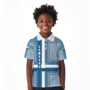 Comoros Kid Polo Shirt - Blue and White Traditional Geometric Pattern and National Flag Detail