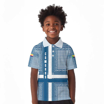 Comoros Kid Polo Shirt - Blue and White Traditional Geometric Pattern and National Flag Detail