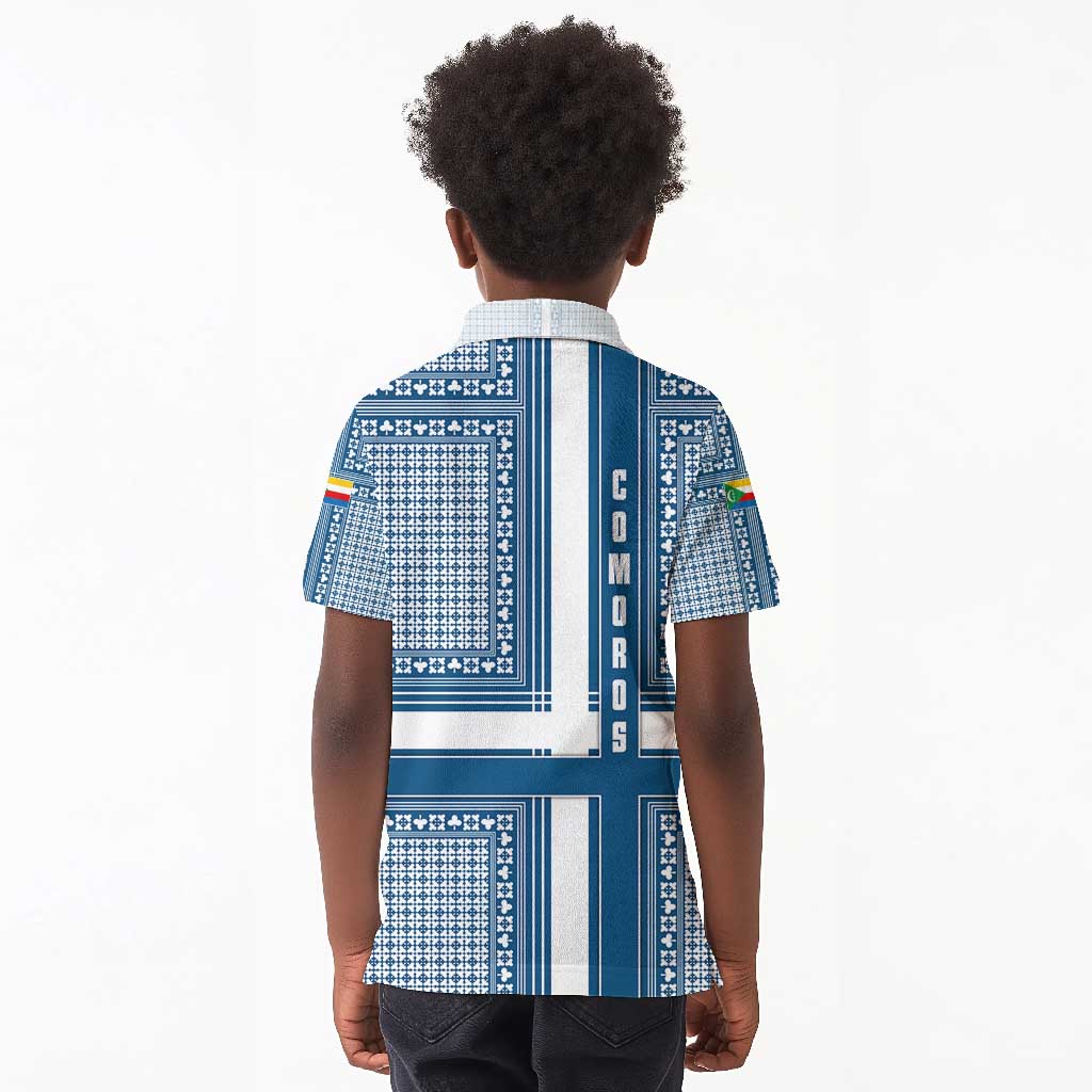 Comoros Kid Polo Shirt - Blue and White Traditional Geometric Pattern and National Flag Detail